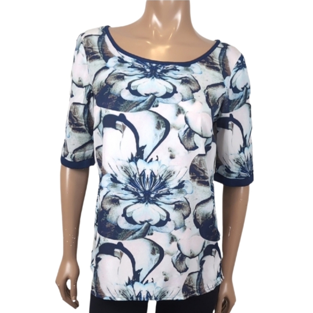 Cleo Floral Print Top Short Sleeve Silky Blouse Keyhole Back Summer Blue